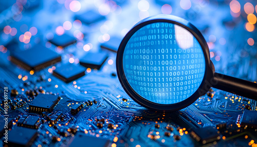 Closeup View Of Magnifying Glass Over Electronic Circuit Board Displaying Binary Code