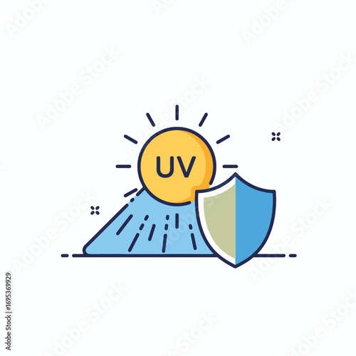 Sun's UV rays shielded by protective layer, illustrated with a sun, shield, and rays.