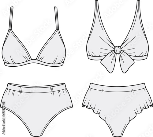 Bikini fashion vector, women’s swimwear template, lingerie design sketch, stylish beachwear drawing, summer clothing illustration, trendy underwear outline, swimsuit fashion