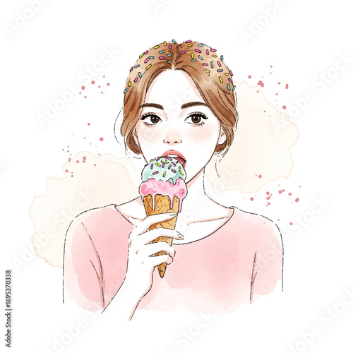 Delightful young woman enjoys a sweet ice cream cone, a perfect treat for a bright, sunny day