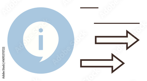 Blue circle with an info sign, speech bubble detail, and black arrows symbolizing communication, guidance, navigation. Ideal for guidance, messaging, data sharing, support process instructions