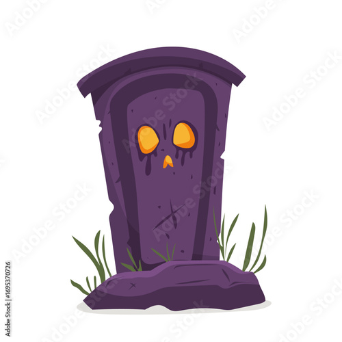 Vector Halloween tombstone with glowing eyes on cracked stone set in grass. Great for spooky invitations, posters and stickers, or as an asset for apps and games