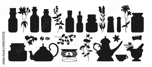 Ayurveda medicine silhouette set. Medical ayurvedic vector shape illustration. Medicine bottle with pills capsules vitamin, cosmetics. Tincture tea and teapot cup, ginger and spices. Herbs and flowers