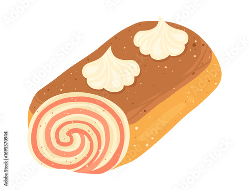 Cream Roll cake vector cartoon illustration. Celebration holiday sweet textured dessert with glaze. Cream cake roll pastries for grocery branding, menu, logo, recipe books, vector wallpaper packaging