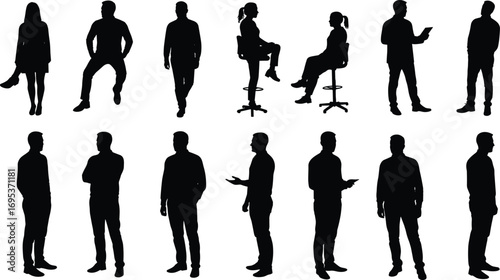 Business people silhouette collection, office workers standing walking sitting, corporate team poses, professional men women, modern workplace lifestyle illustration