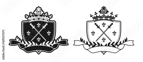 Coat of arms with swords crosswise, heraldic classic lily, ribbon tape shield and crown. Heraldic crest medieval emblem fantasy kingdom. Coat of arms vector design monochrome black white illustration