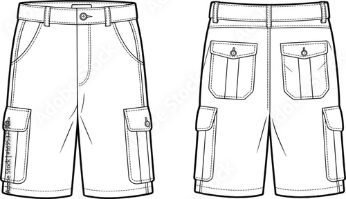 Cargo shorts vector, men’s fashion template, casual wear illustration, summer clothing sketch, stylish apparel design, pocket shorts drawing, trendy outfit