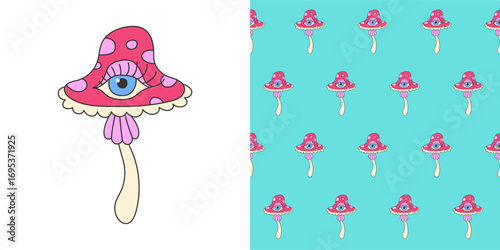 Psychedelic hippie mushroom cartoon seamless pattern. Retro mushroom with an eye comic 90s boundless background. Cool sticker endless design for paper print textile, wrapper backdrop template