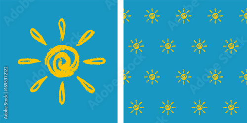 Sun icon grungy effect seamless pattern. Hand drawn paintbrush stroke sketch sun trendy boundless background. Textured endless summertime ornament vector lighting drawing wrapper backdrop template