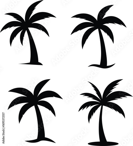 Set of black vector palm trees silhouette transparent background