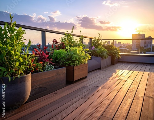 Rooftop Garden at Sunset with Planters and Trellises