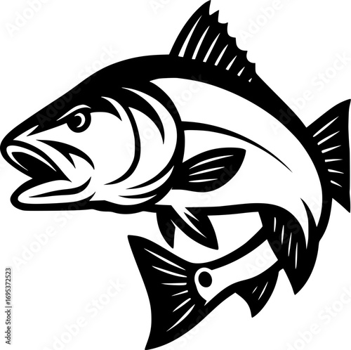Redfish logo design – bold black and white fish illustration vector, red drum sport fishing emblem, trophy game fish artwork for anglers, seafood restaurant branding, outdoor adventure