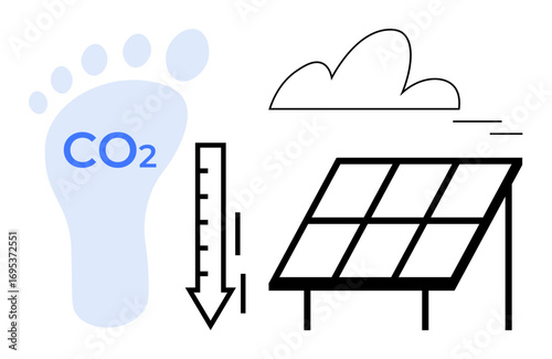 Carbon footprint with CO2 text, downward arrow, solar panel, and cloud highlight sustainability and eco-friendly practices. Ideal for climate change, renewable energy, ecology, emission control
