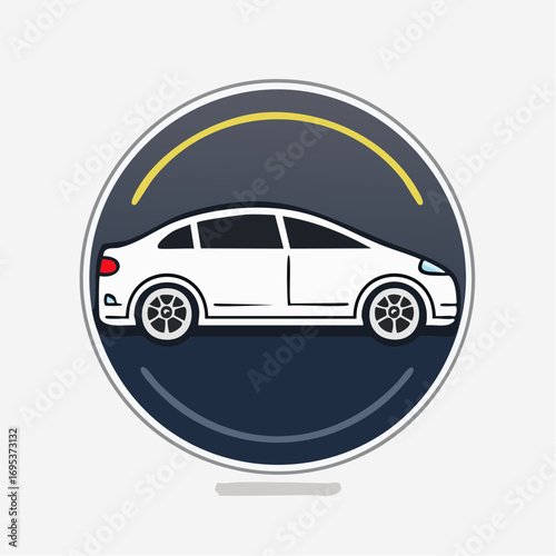 Vector illustration of a modern white sedan car inside a circular badge, representing an icon for automotive services or transportation concepts