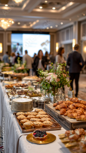 Buffet table laden with pastries, croissants, and desserts at a corporate event or reception. Food catering concept.