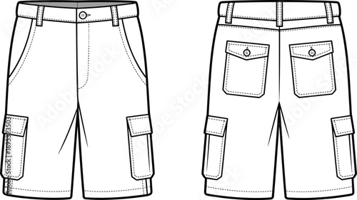 Men’s cargo shorts vector, fashion clothing template, summer apparel design, casual wear sketch, stylish pocket shorts drawing, trendy outfit illustration