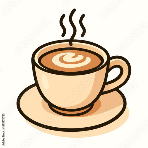 Cartoon flat illustration of a steaming coffee cup on saucer with latte art.  

