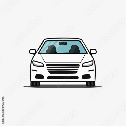 Front view of a modern white sedan car illustration. Clean and simple automotive icon for transportation design, vehicle graphic symbol on a white background