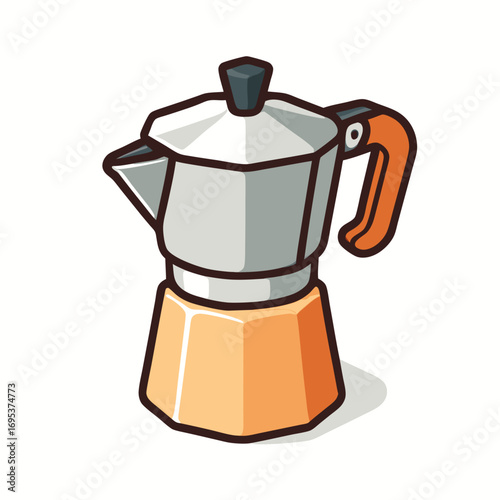 Cartoon flat style illustration of an espresso moka pot with metal top and orange handle.  
