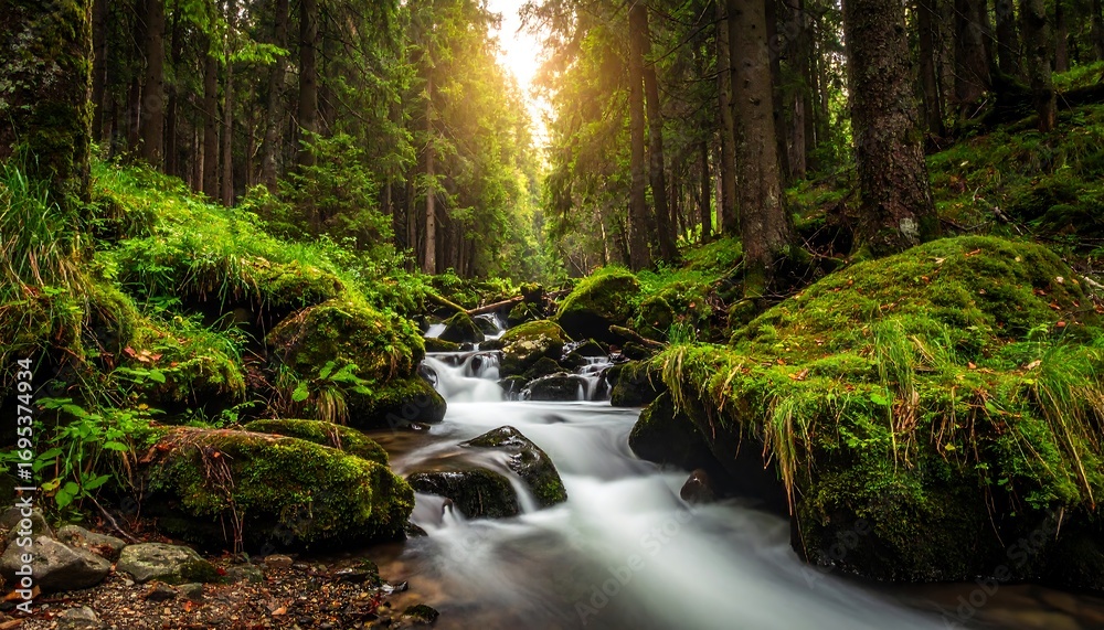 Obraz premium Sunlight streams through a lush forest, cascading down a mossy stream