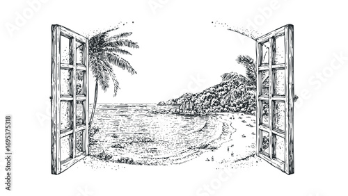 Open window revealing tropical beach scene with palm trees and ocean waves. Vector hand drawn illustration