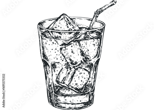 Ink drawing of a tall glass filled with ice cubes and a straw. Vector hand drawn illustration