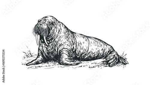 Detailed sketch of a walrus with tusks on grassy ground, isolated. Vector hand drawn illustration