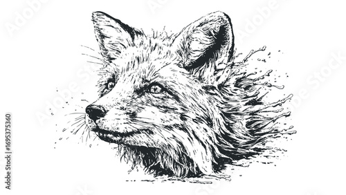 Detailed ink sketch of a fox head emerging from splashing water on a transparent background. Vector hand drawn illustration