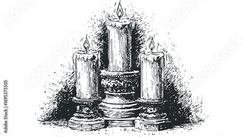 Three lit candles on ornate stands in a woodcut style. Vector hand drawn illustration
