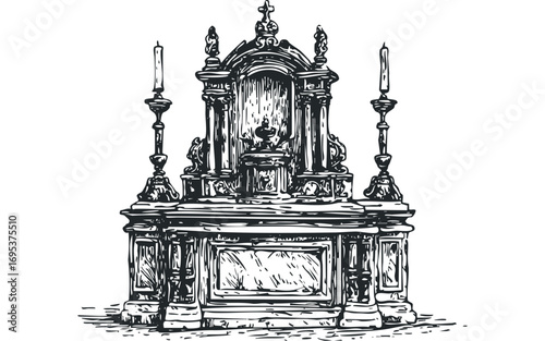 Detailed sketch of ornate altar with candlesticks on transparent background. Vector hand drawn illustration