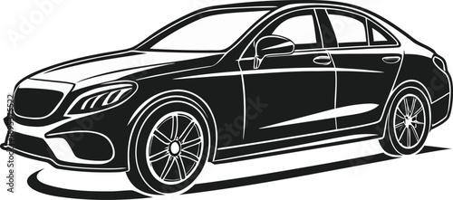 Illustration of a sleek black sedan car with detailed wheels and shadow on a white background view