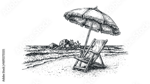 Hand Drawn Beach Scene with Chair and Umbrella on Sand. Vector hand drawn illustration