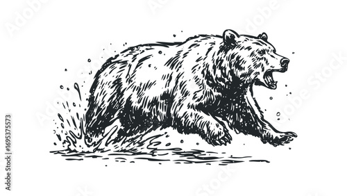 Grizzly bear running through water image. Vector hand drawn illustration