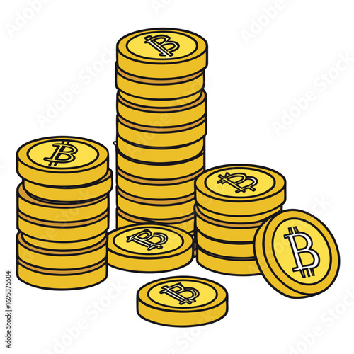 Illustration of stacked bitcoin coins in varying pile heights with a single coin resting flatly near them