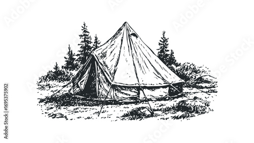 Vintage camping tent with pine trees and rough terrain sketch. Vector hand drawn illustration