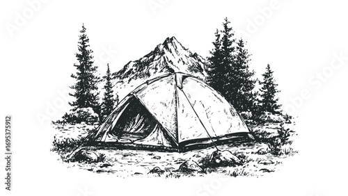 Hand drawn sketch of a camping tent in a mountainous wilderness. Vector hand drawn illustration