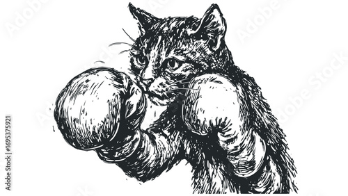 Whiskered felines paws sport boxing gloves for a playful yet determined presentation. Vector hand drawn illustration