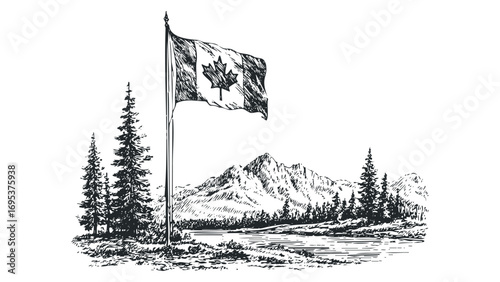 Canadian flag flying over a serene mountainous landscape with evergreen trees and a lake. Vector hand drawn illustration