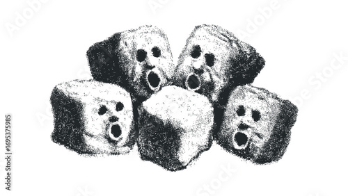 Group of five dice with surprised faces on a transparent. Vector hand drawn illustration