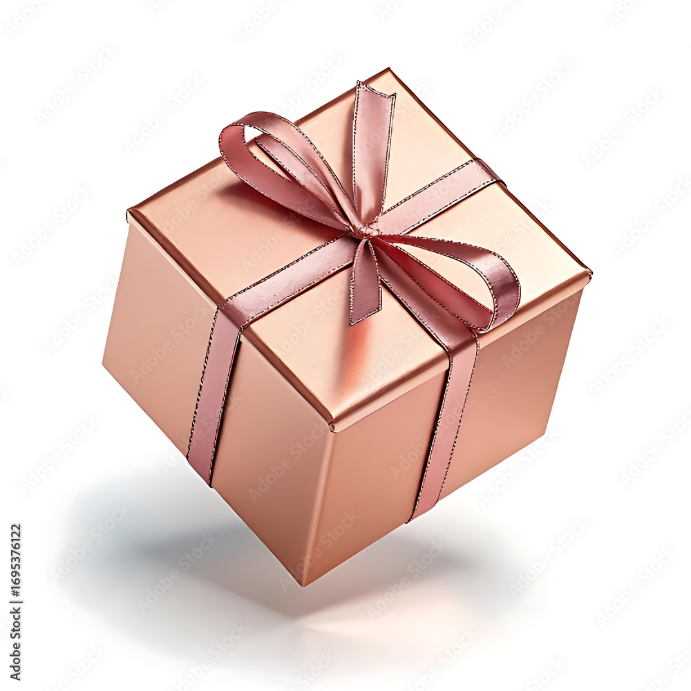 Obraz premium An illustration of a shiny rose gold gift box with a pink ribbon. It is suspended in the air with a shadow below, representing luxury gifting, celebrations, and premium rewards.