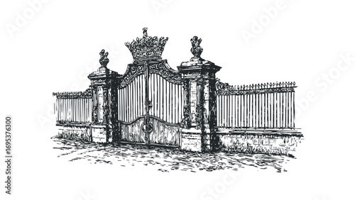 Ornate Gate with Crown and Fence Pen Drawing. Vector hand drawn illustration