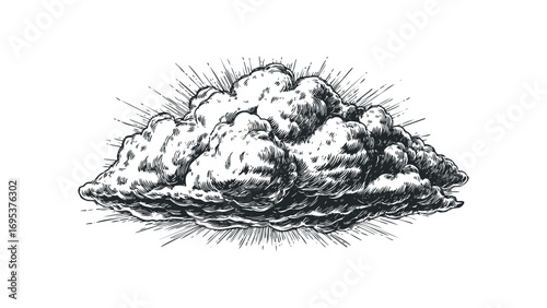 Cumulonimbus cloud drawing with radiating lines on a transparent background. Vector hand drawn illustration
