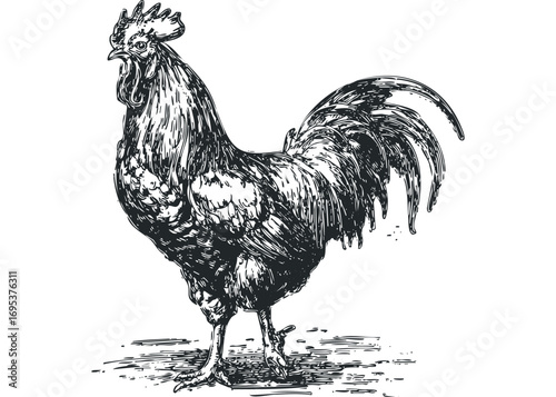 Rooster detailed ink drawing transparent background. Vector hand drawn illustration