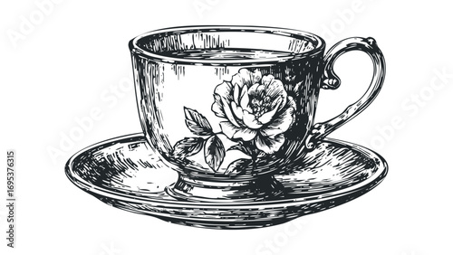 Vintage hand drawn teacup and saucer with floral design on transparent background. Vector hand drawn illustration