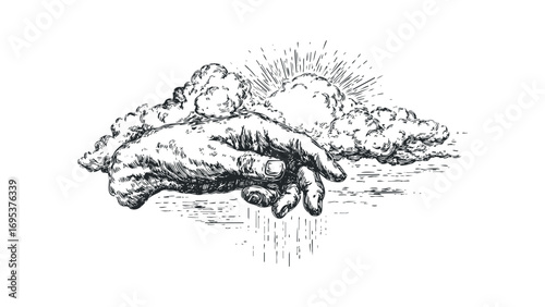 Divine hand reaching from clouds, rain falling, ancient sketch style,. Vector hand drawn illustration