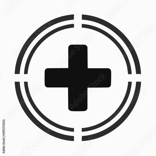 Abstract monochrome icon of a medical plus sign within a circular target or scope, representing precision healthcare and first aid