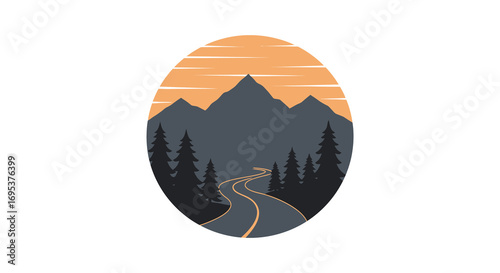 sunset over mountains with winding road through forest
