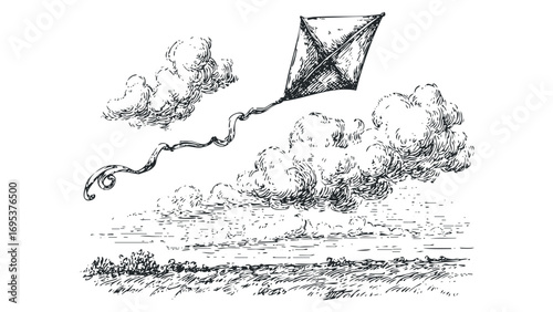 Sketch of a kite flying high in a cloudy sky above a grassy field. Vector hand drawn illustration