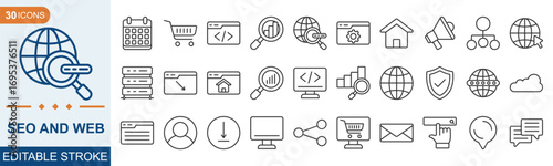 SEO AND WEB icon set editable. content, server, homepage, web design, internet and more. Vector illustration eps 10