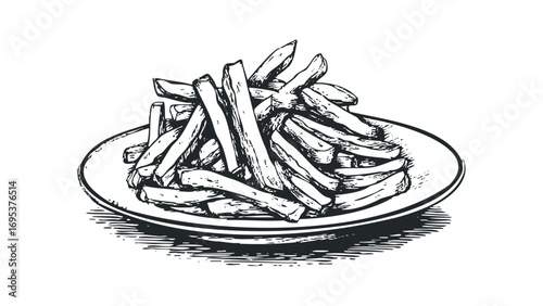 Hand drawn pile of French fries on plate. Vector hand drawn illustration